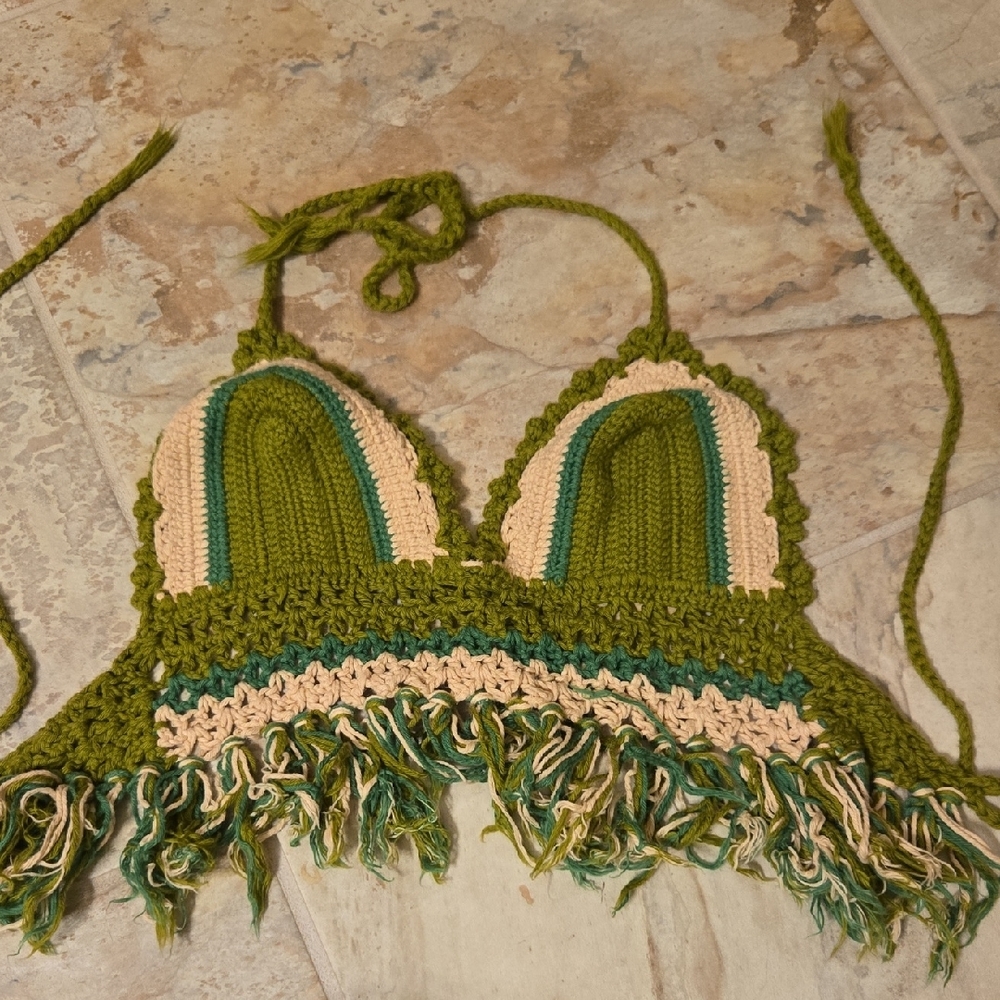 Green and Cream Crochet Halter Top